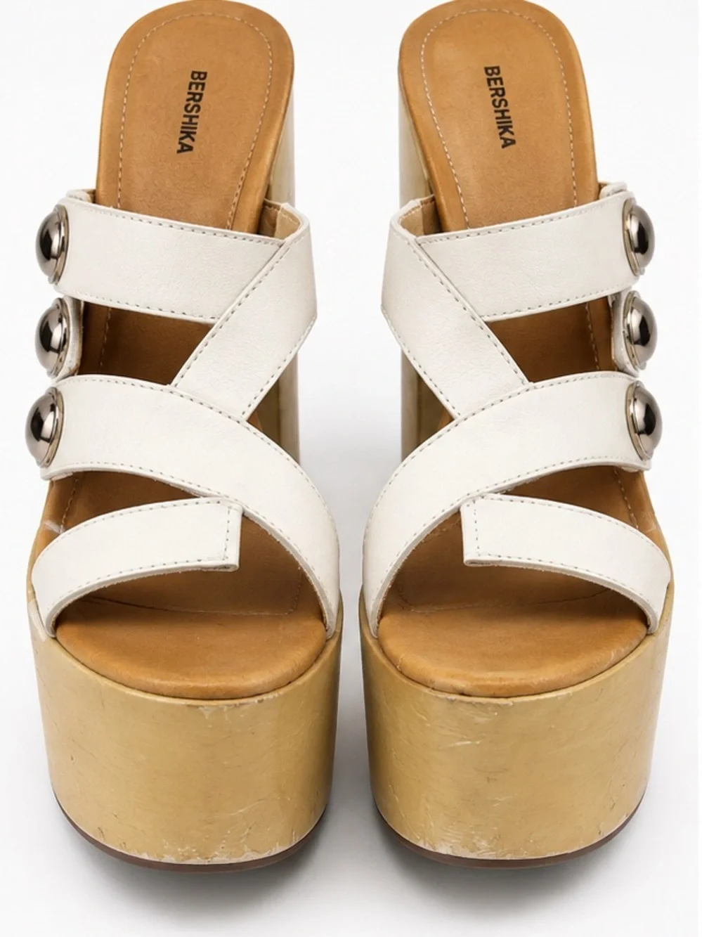 Bershka White Leather Cross-Strap Platform Mules with Metallic Studs